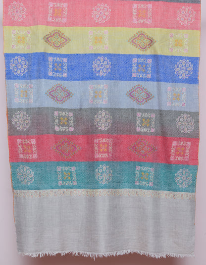 Modern Handwoven Stripes Embroidered Multicolour Cashmere Pashmina Stole