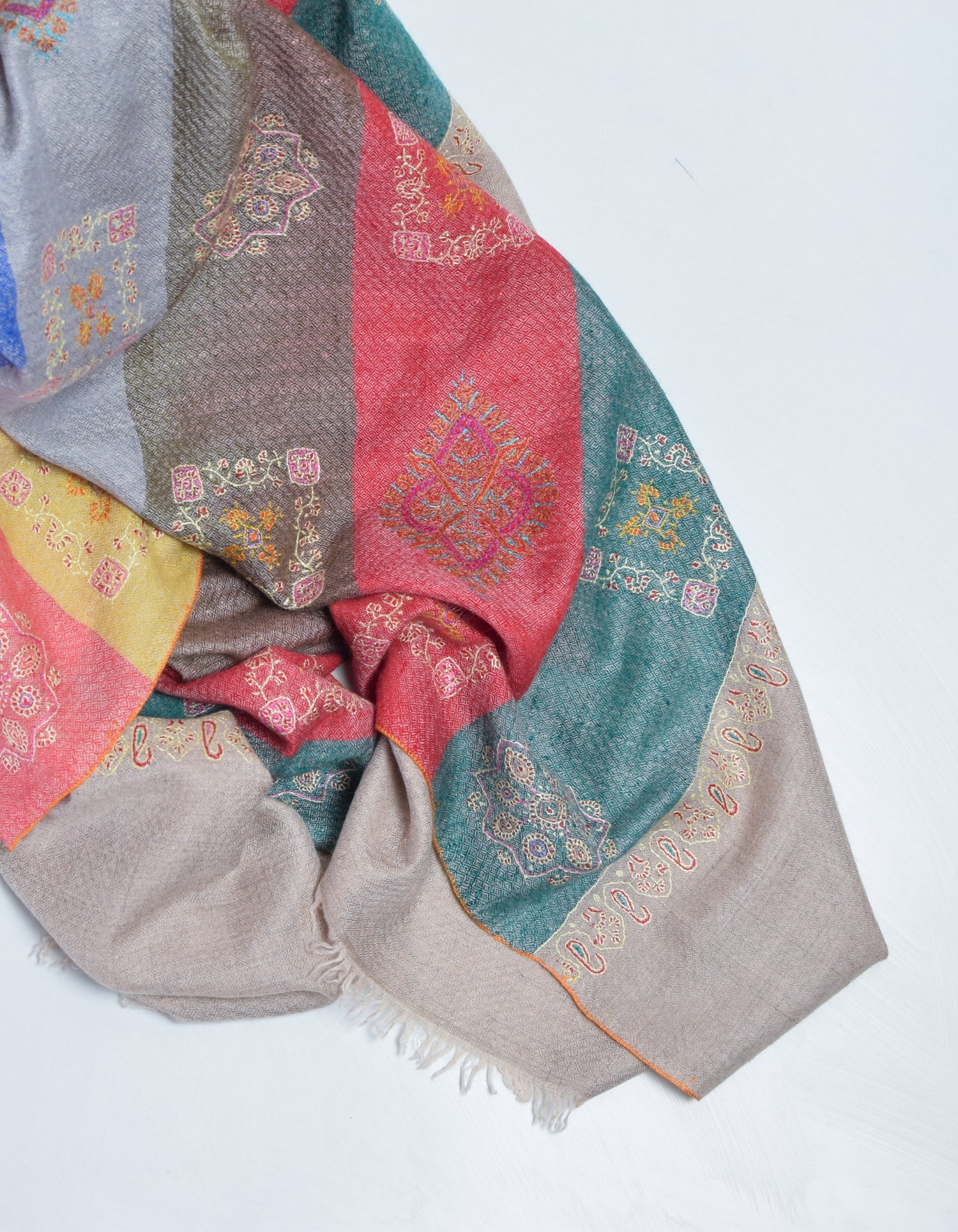 Modern Handwoven Stripes Embroidered Multicolour Cashmere Pashmina Stole