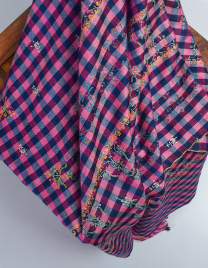 Modern Navy Pink Multi-Pattern Check  Handwoven Embroidered Cashmere Pashmina Stole