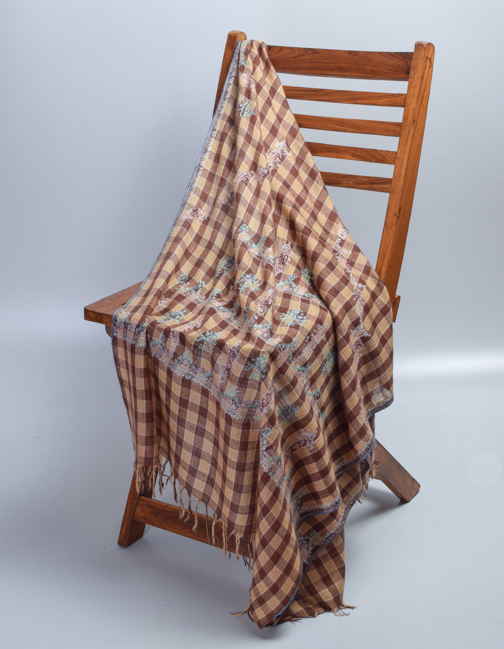 Modern Coffee Multi-Pattern Check Handwoven Embroidered Cashmere Pashmina Stole