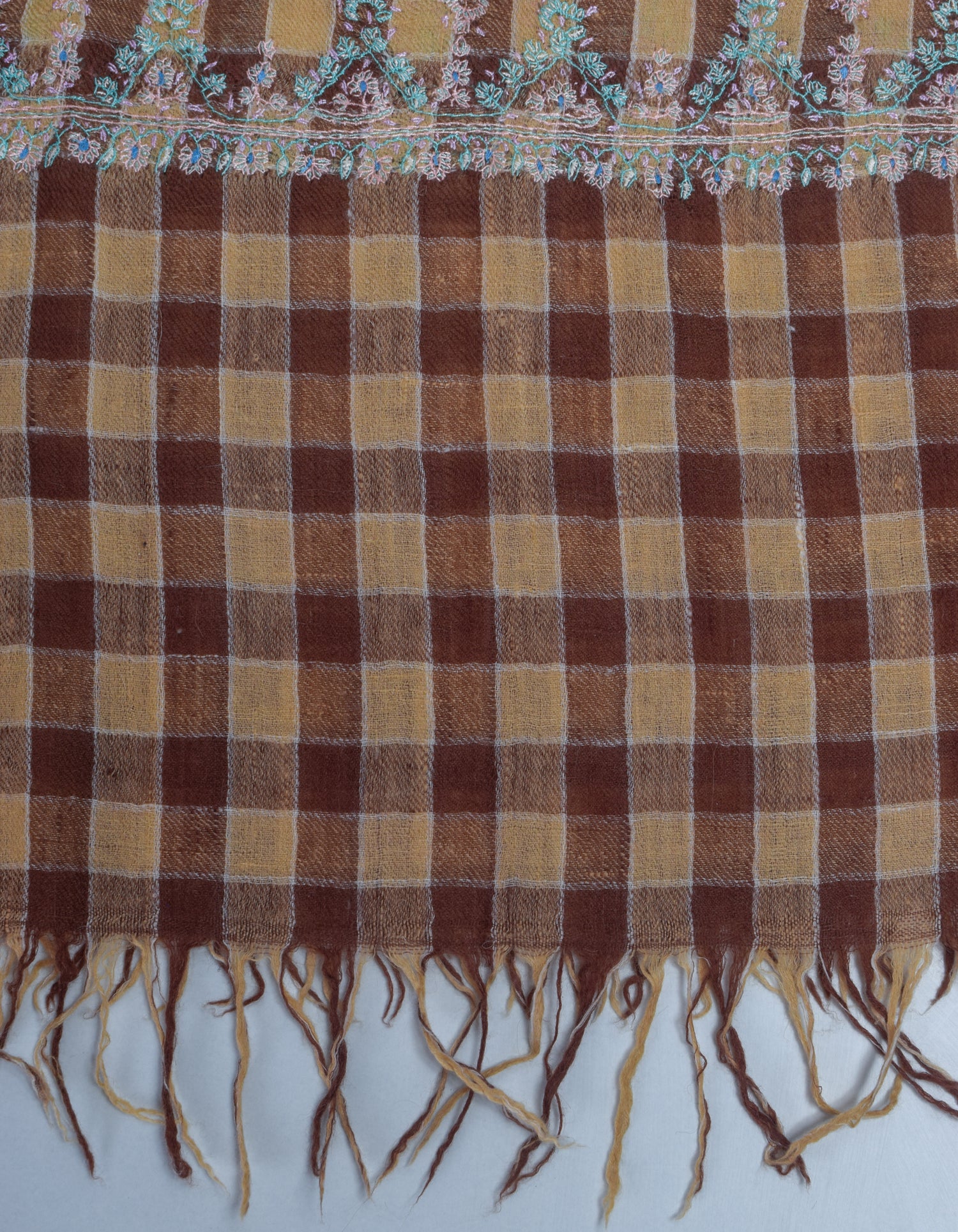 Modern Coffee Multi-Pattern Check Handwoven Embroidered Cashmere Pashmina Stole