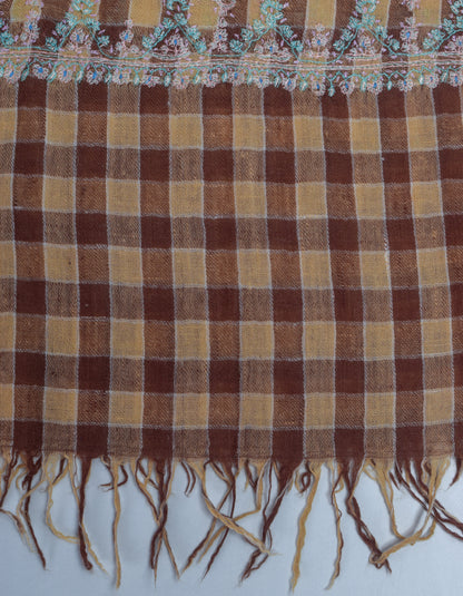 Modern Coffee Multi-Pattern Check Handwoven Embroidered Cashmere Pashmina Stole