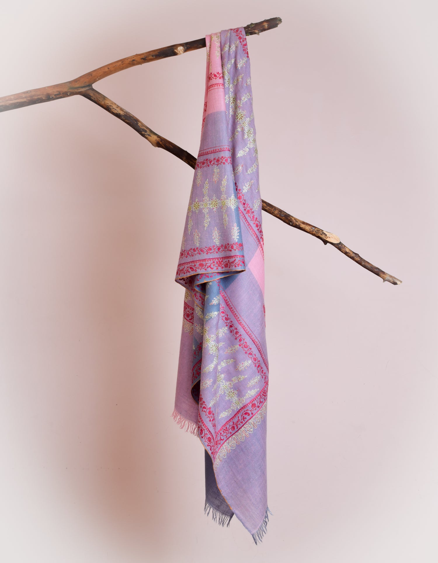 Modern Sozni Embroidered Handwoven Pink-Grey Pashmina Stole