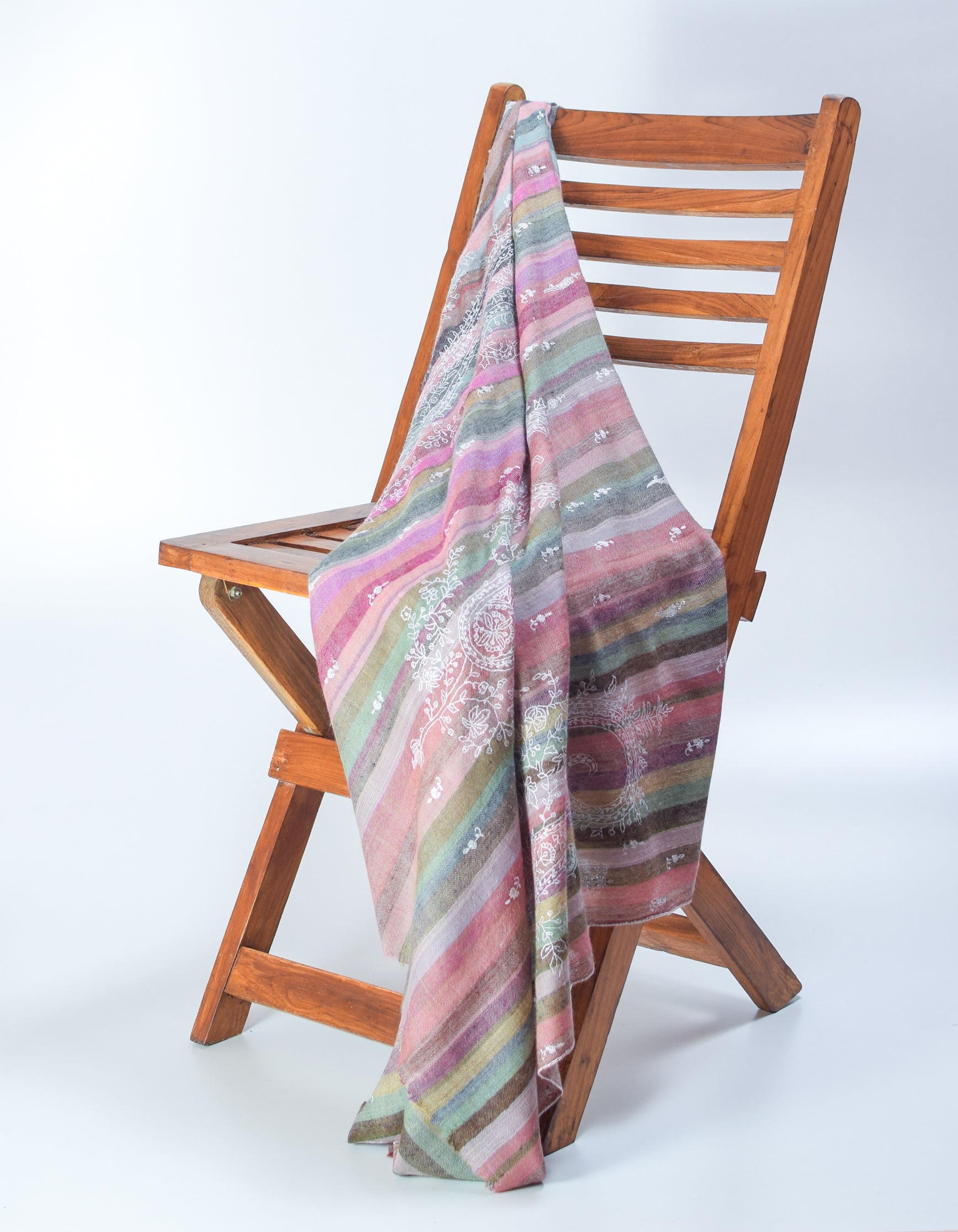 Multicolour Handwoven Stripes Sozni Embroidered Cashmere Pashmina Shawl