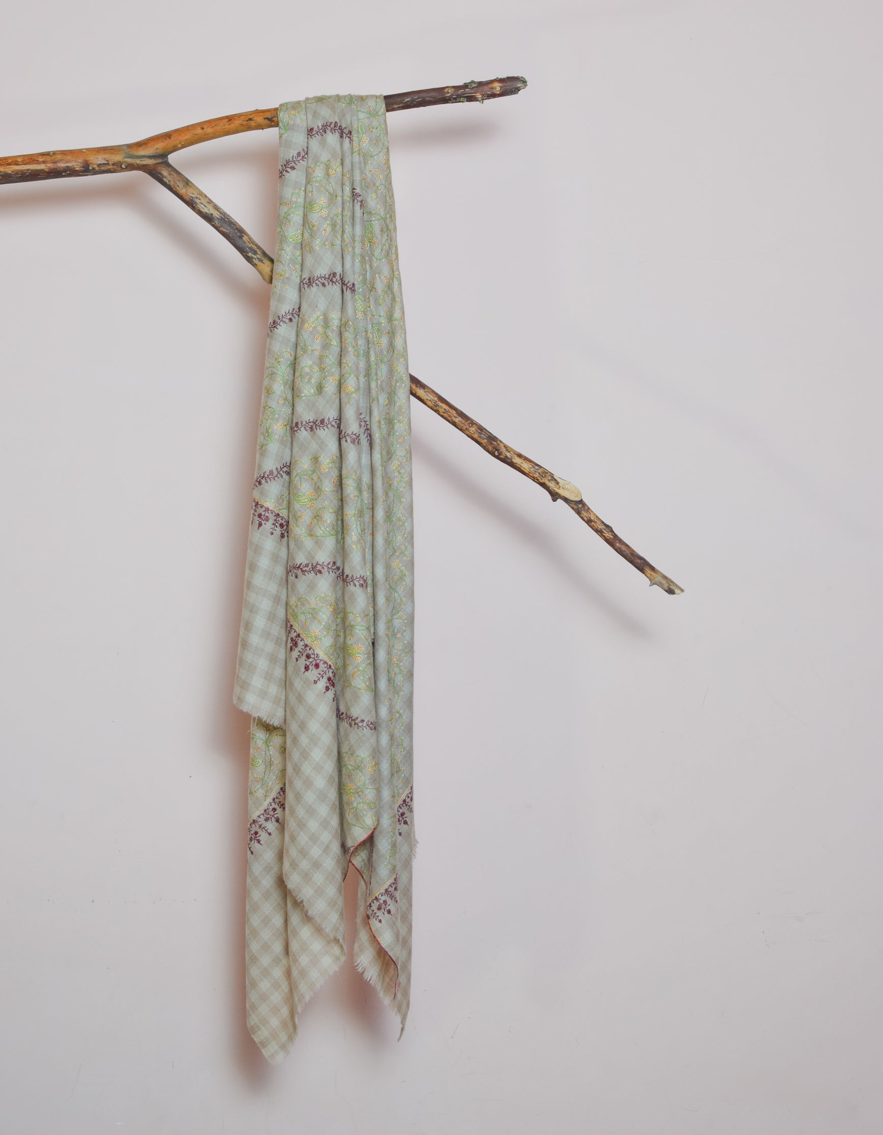 Natural Check Handwoven Embroidered Cashmere Pashmina Shawl