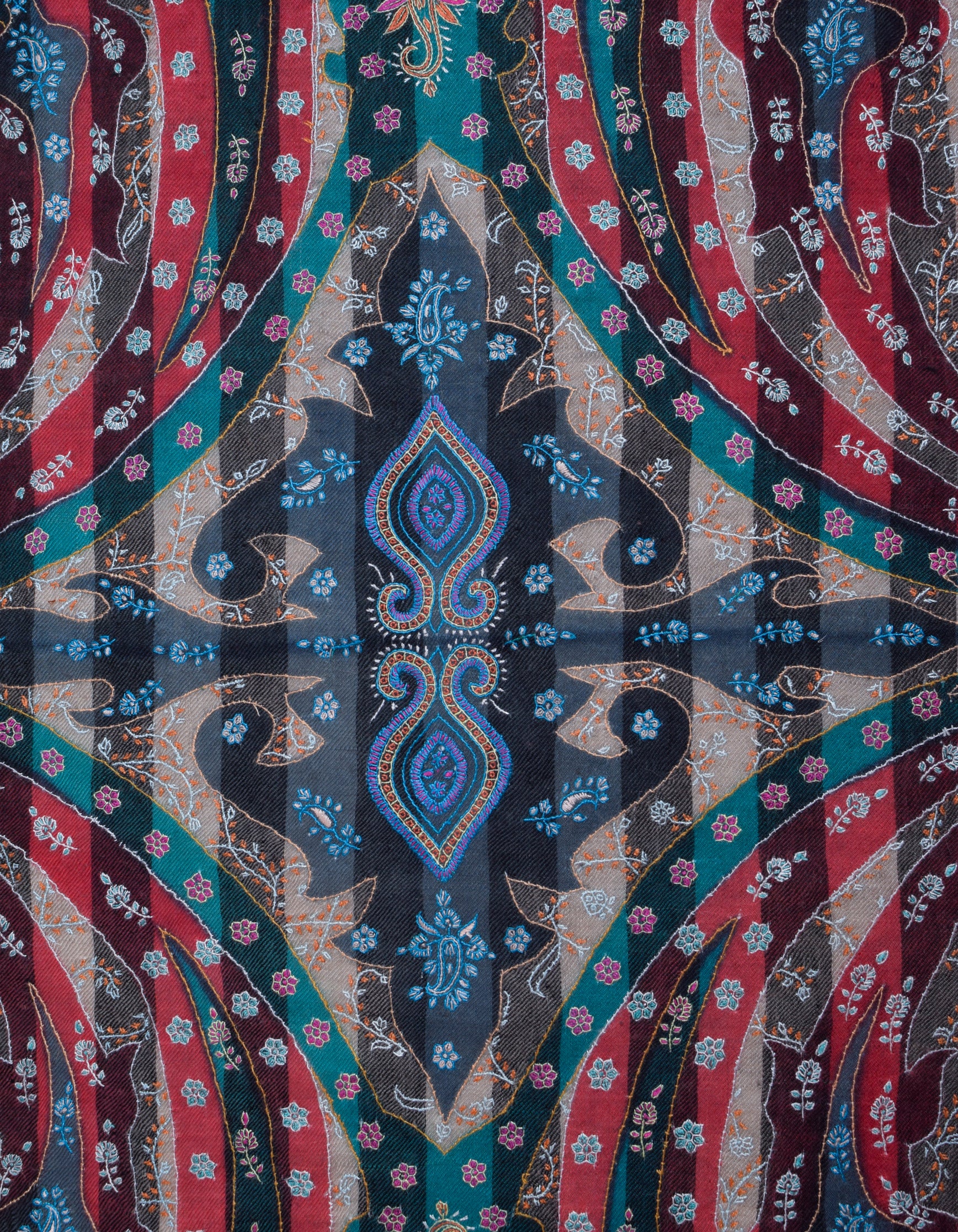 Multi-Pattern Handwoven Kani Print Detail Embroidered Cashmere Pashmina Shawl