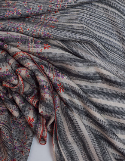 Stripes Handwoven Sozni Embroidered Cashmere Pashmina Shawl