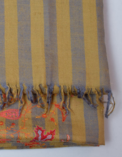 Modern Gold Grey Stripes Handwoven Sozni Embroidered Cashmere Pashmina Shawl