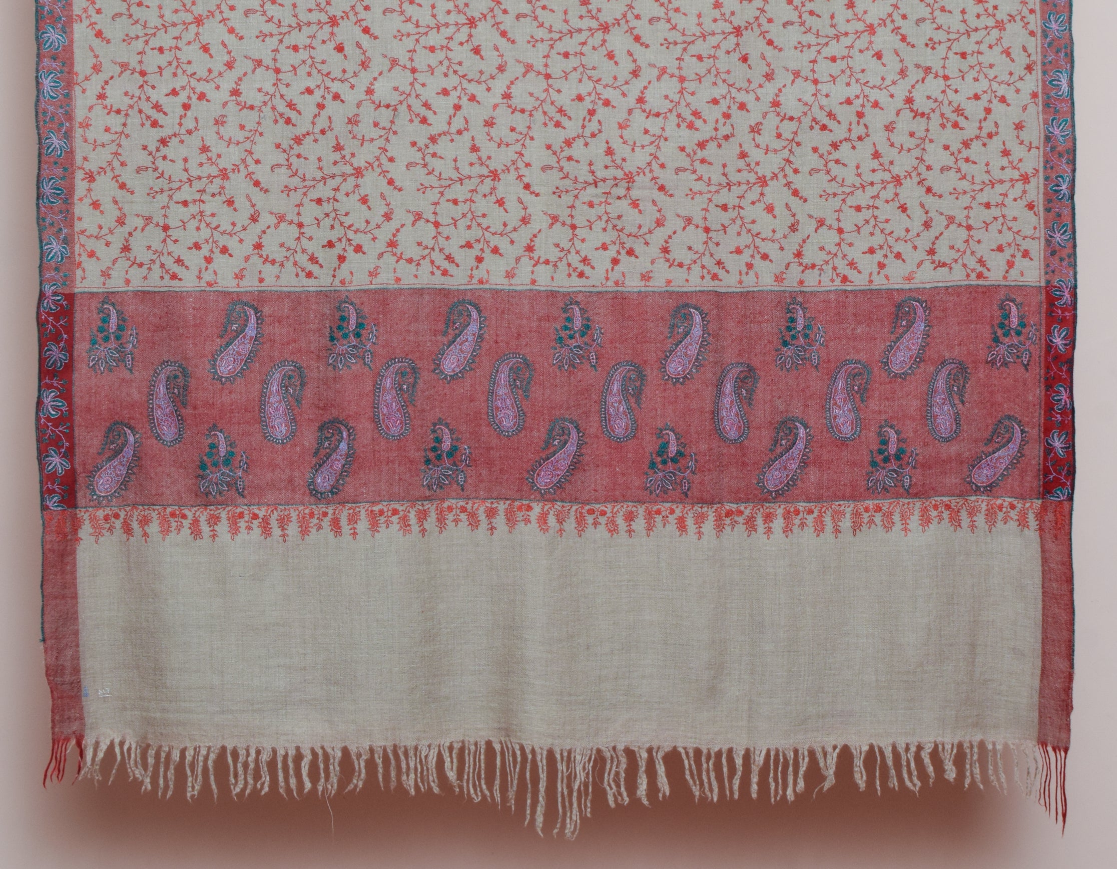 Grey-Beige Handwoven Sozni Jaali Embroidered Cashmere Pashmina Shawl