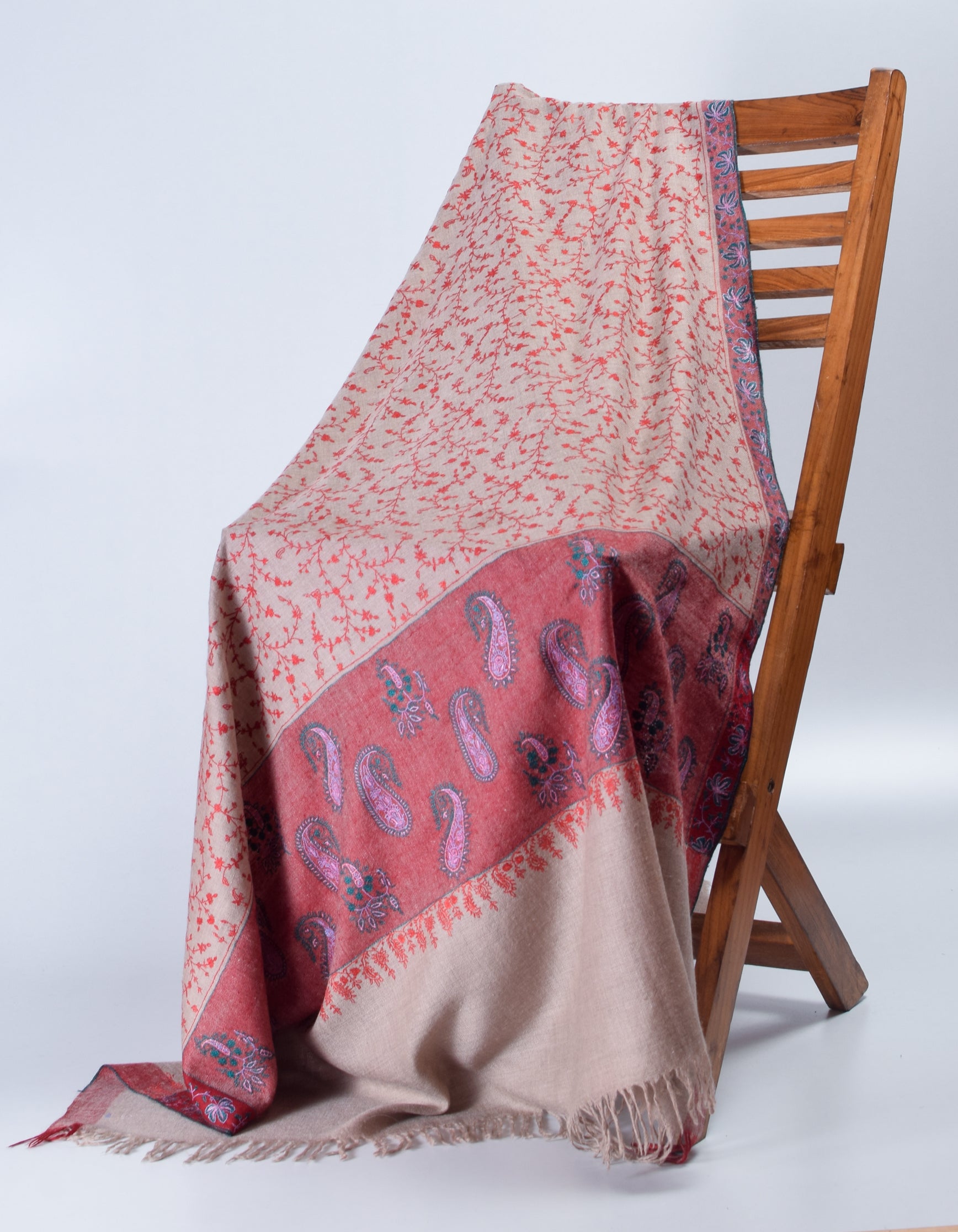 Grey-Beige Handwoven Sozni Jaali Embroidered Cashmere Pashmina Shawl