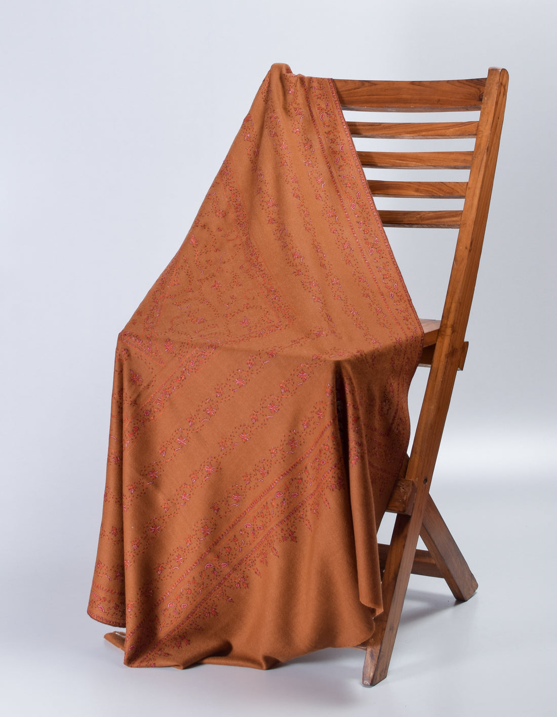 Brownish Orange Handwoven Sozni Jaali Embroidered Cashmere Pashmina Shawl