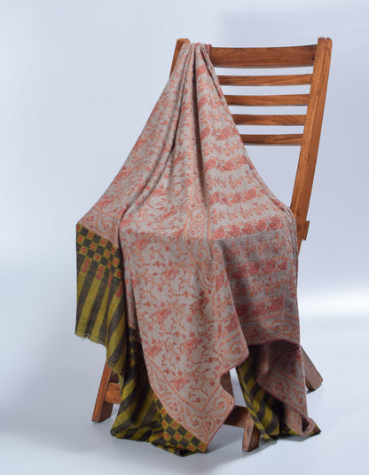 Natural Brownish-Grey Handwoven Sozni Embroidered Cashmere Pashmina Shawl