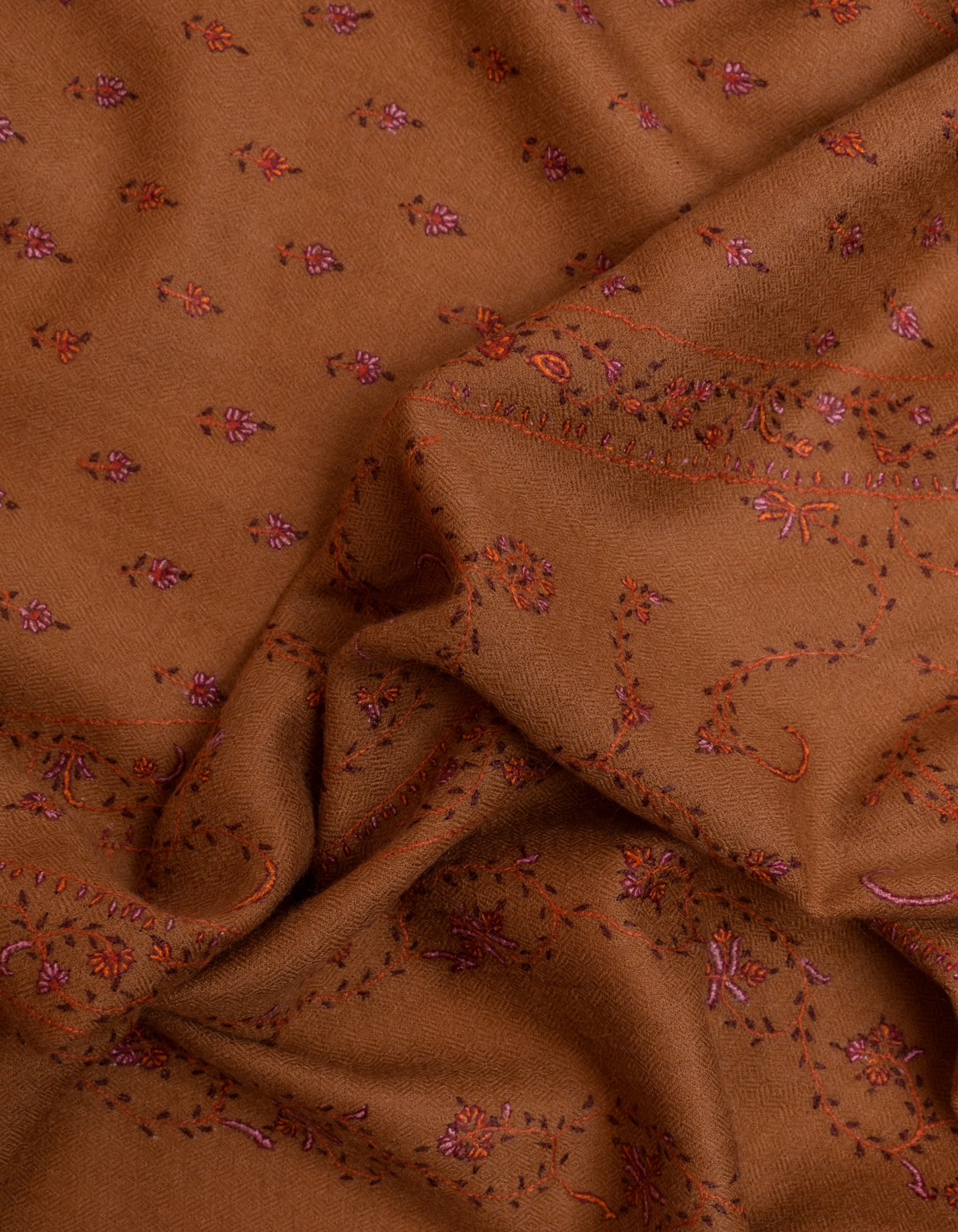 Brownish Orange Handwoven Sozni Jaali Embroidered Cashmere Pashmina Shawl