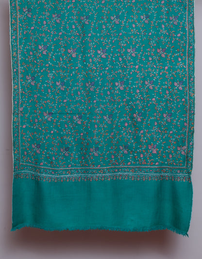 Teal Green Handwoven Sozni Jaali Embroidered Cashmere Pashmina Stole