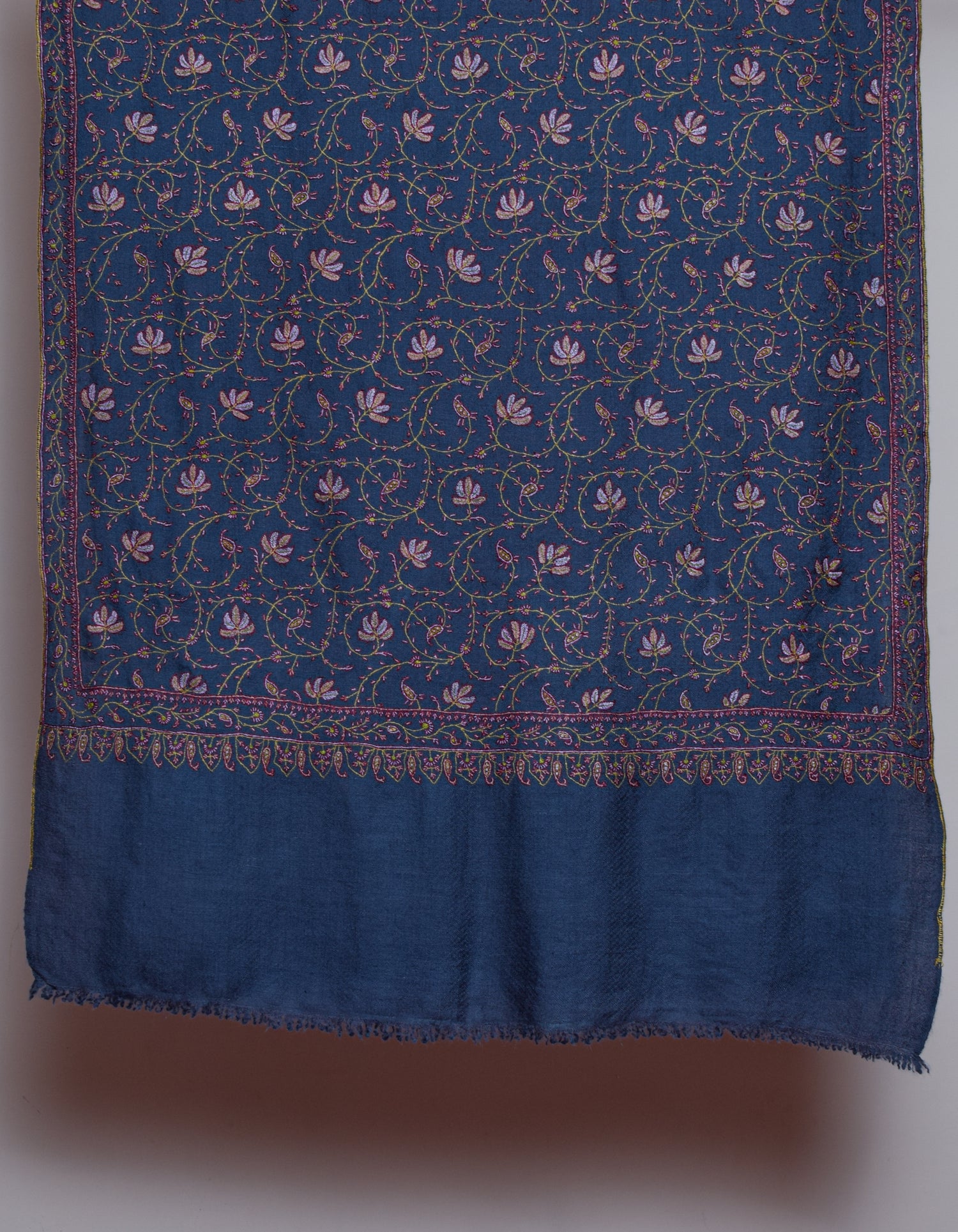 Bluish Grey Handmade Sozni Certified Jaali Embroidered Cashmere Pashmina Stole