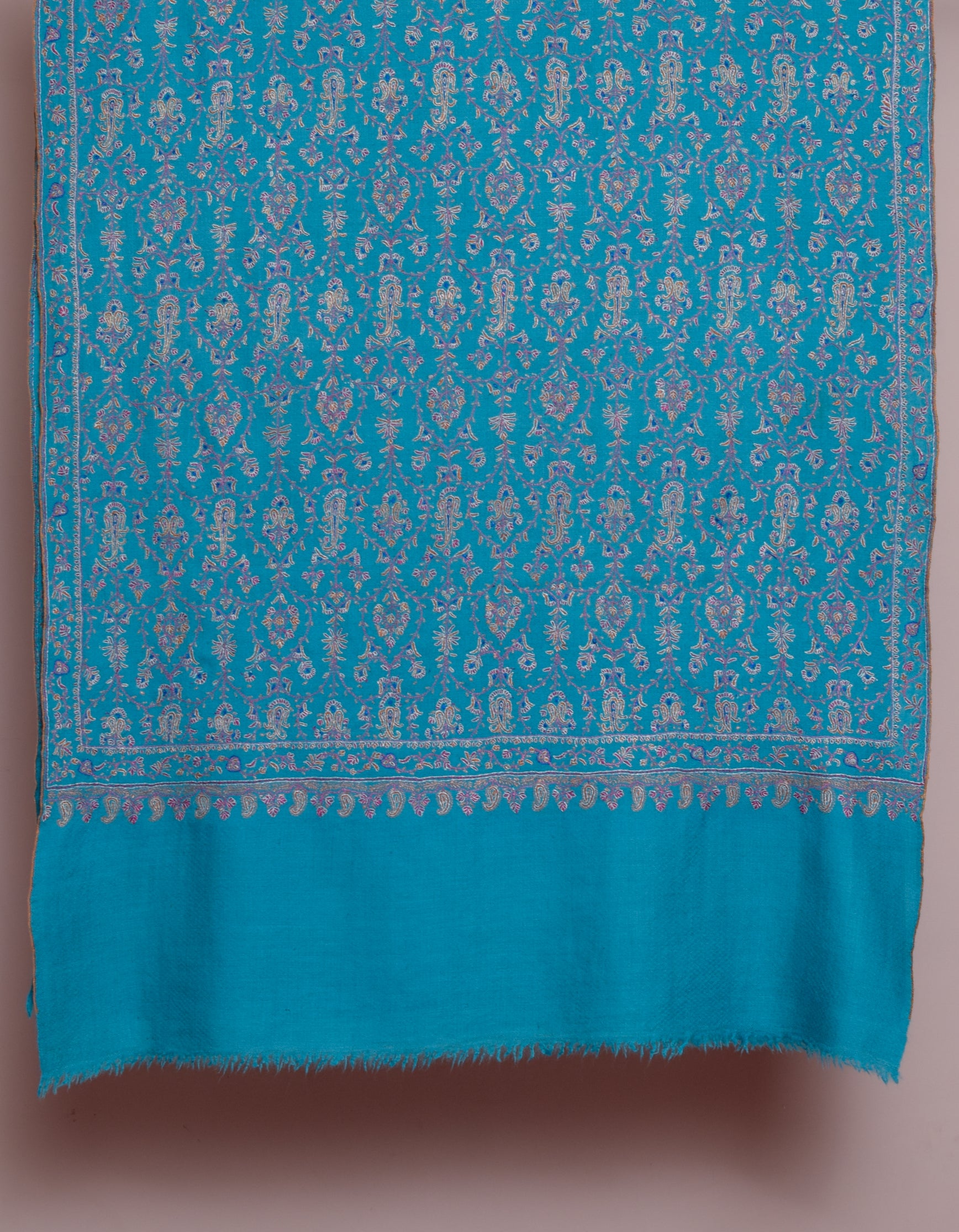 Deep Sky Blue Handwoven Sozni Jaali Embroidered Cashmere Pashmina Stole