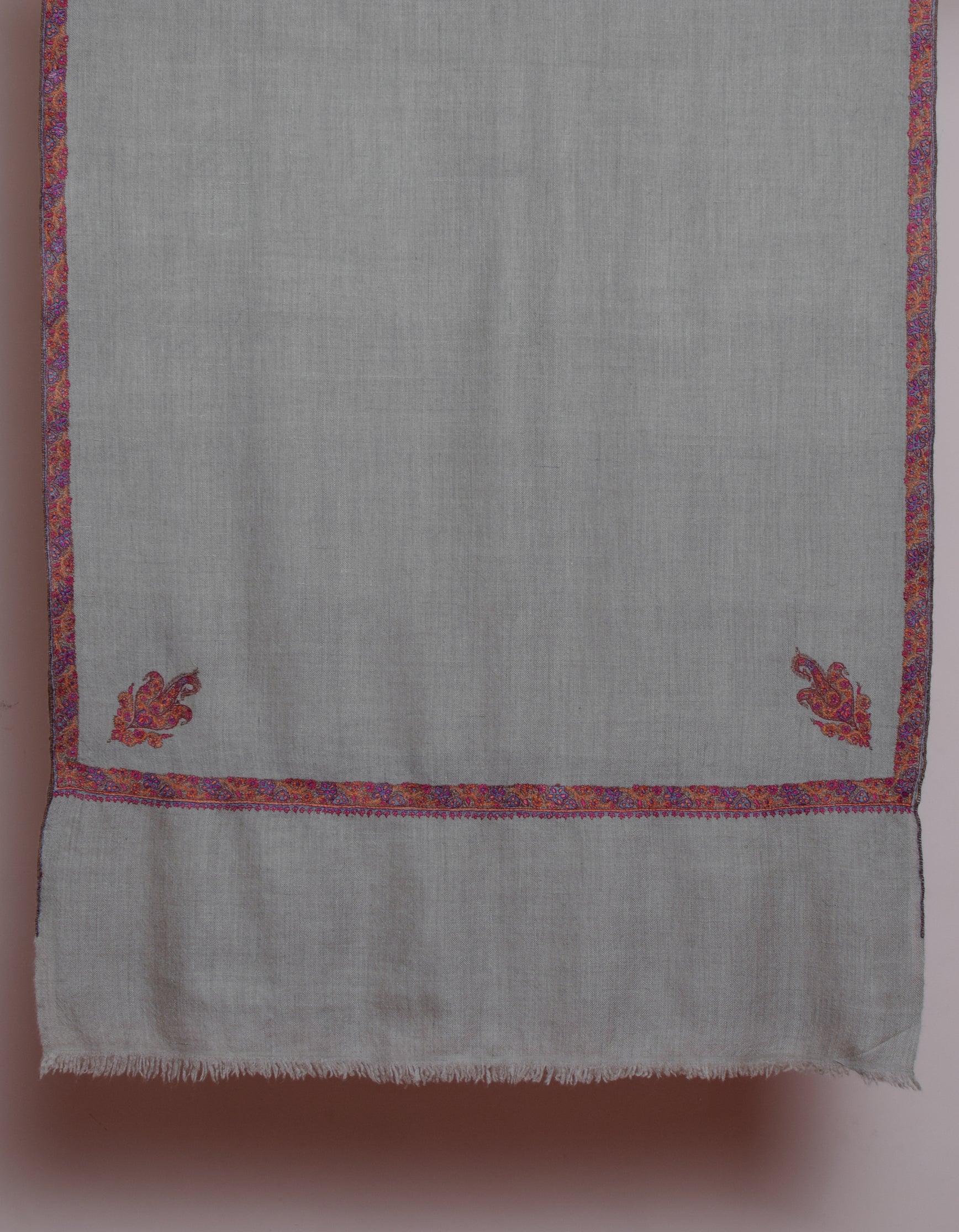 Greyish Beige Handwoven Sozni Border Embroidered Cashmere Pashmina Stole