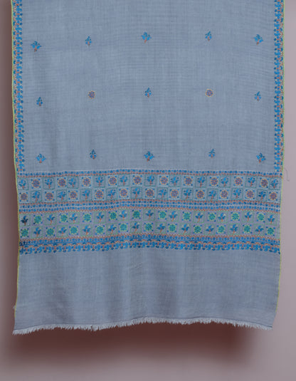 Ash Grey Handwoven Sozni Border Embroidered Cashmere Pashmina Stole