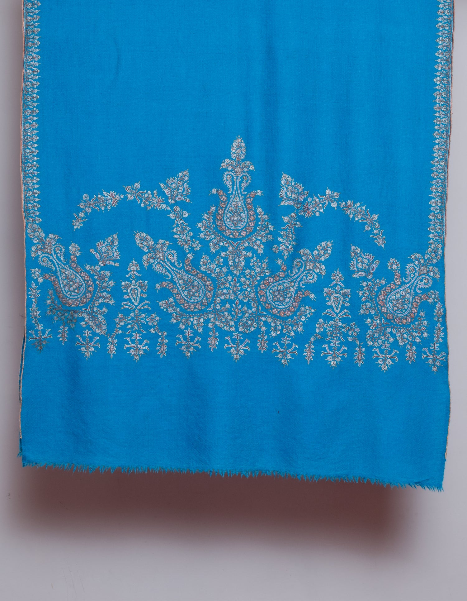 Deep Sky Handwoven Sozni Palla Embroidered Cashmere Pashmina Stole