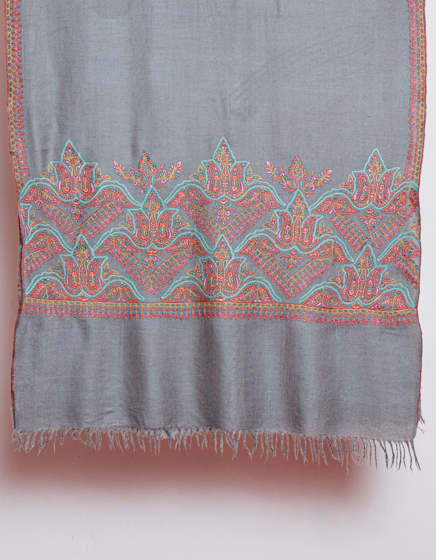 Davy Grey  Handwoven Sozni Palla Embroidered Cashmere Pashmina Stole