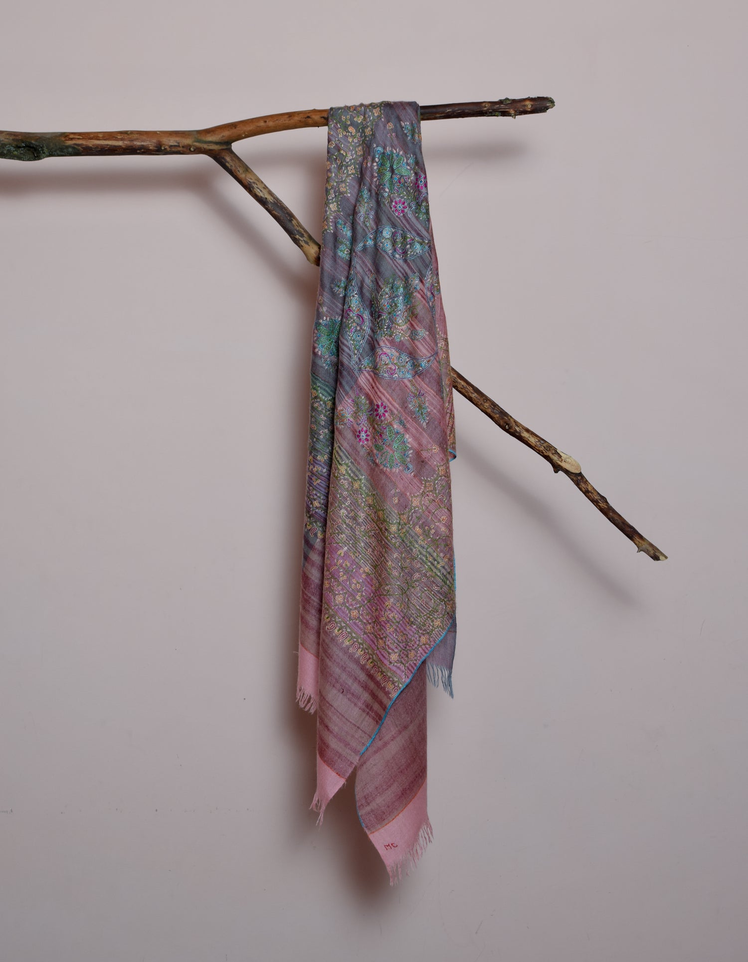 Modern Grey Pink Stripes Handwoven Sozni Embroidered Cashmere Pashmina Stole