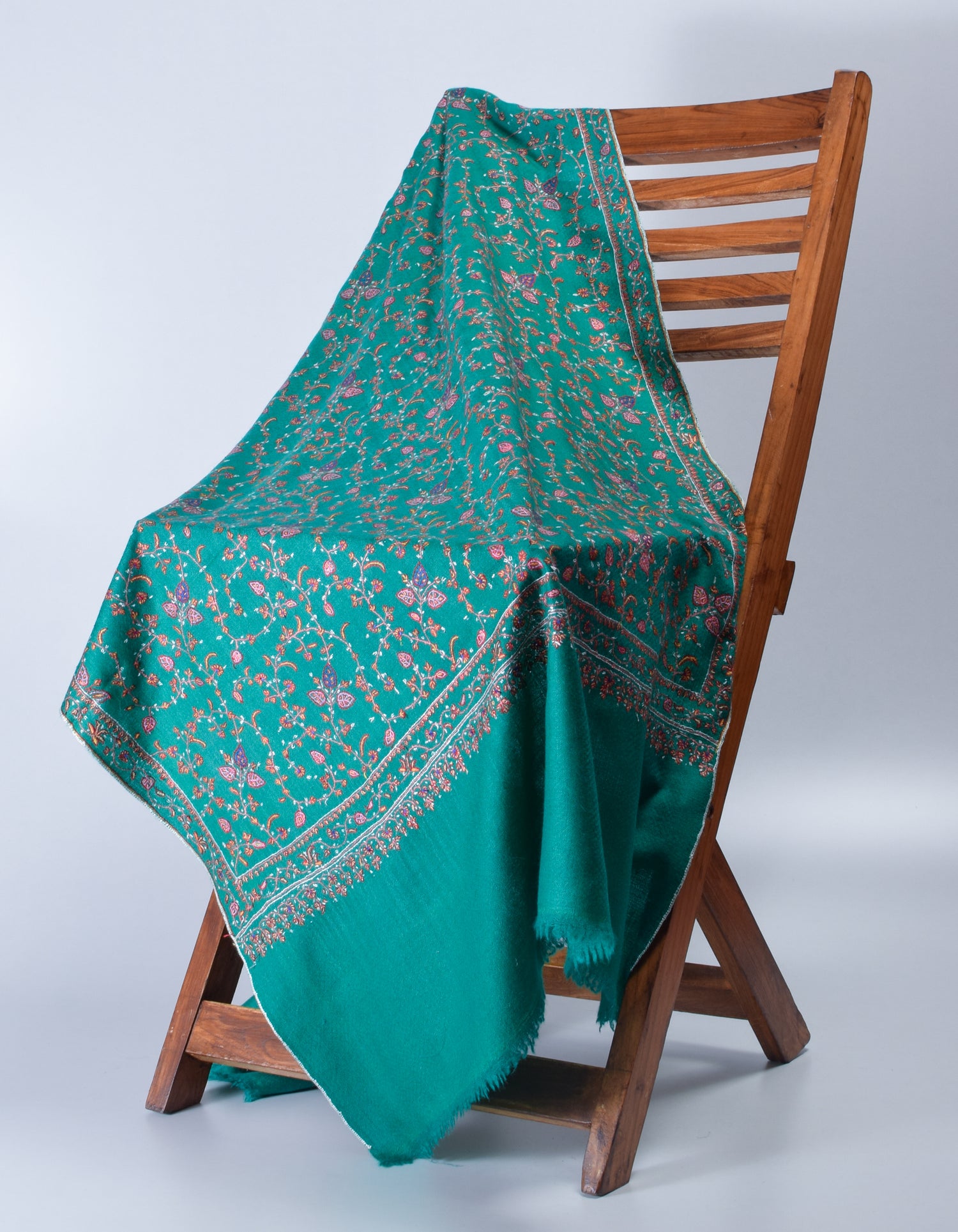 Teal Green Handwoven Sozni Jaali Embroidered Cashmere Pashmina Stole