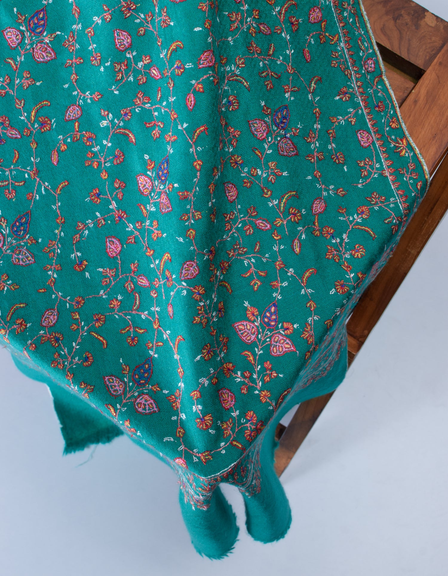 Teal Green Handwoven Sozni Jaali Embroidered Cashmere Pashmina Stole