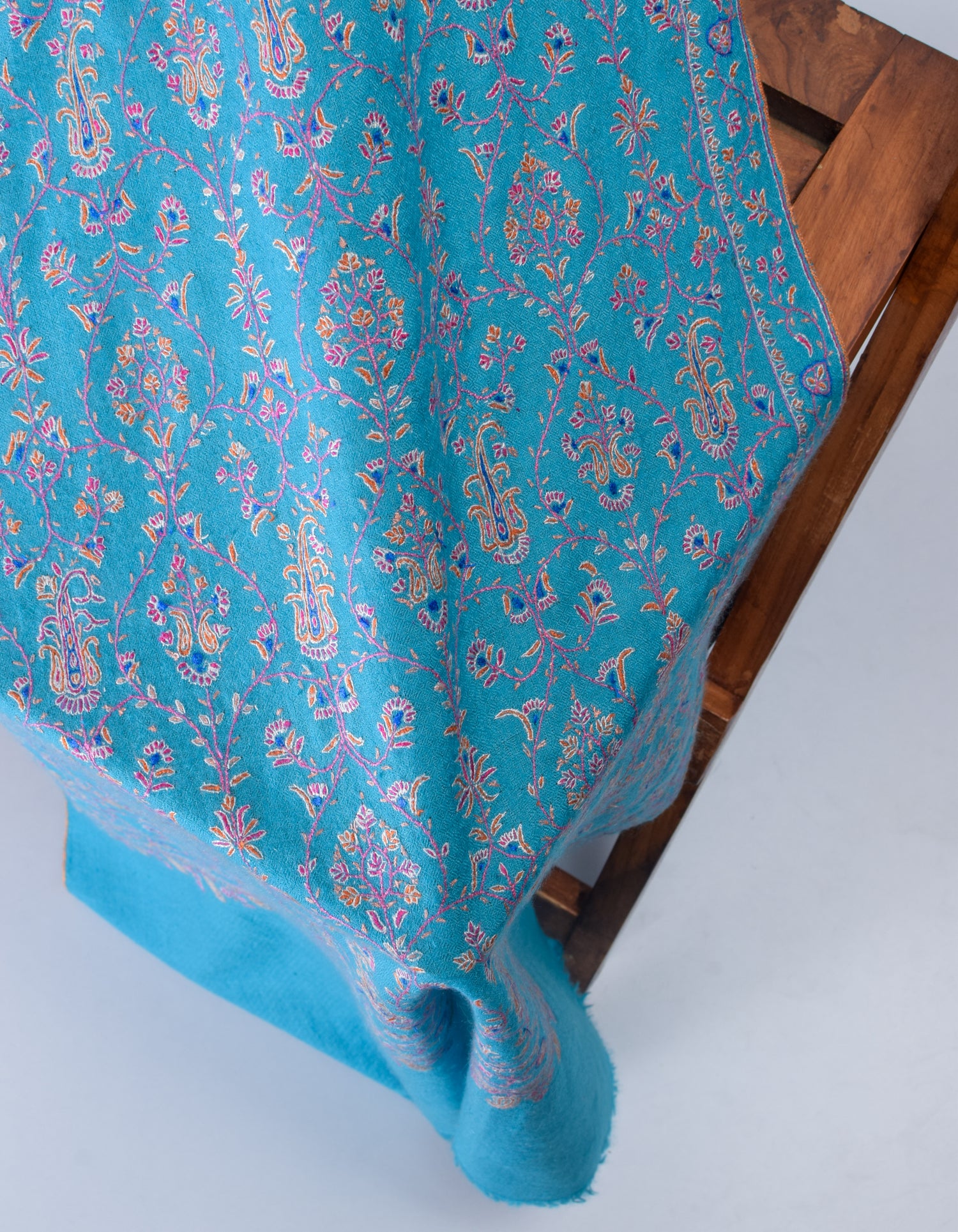 Deep Sky Blue Handwoven Sozni Jaali Embroidered Cashmere Pashmina Stole