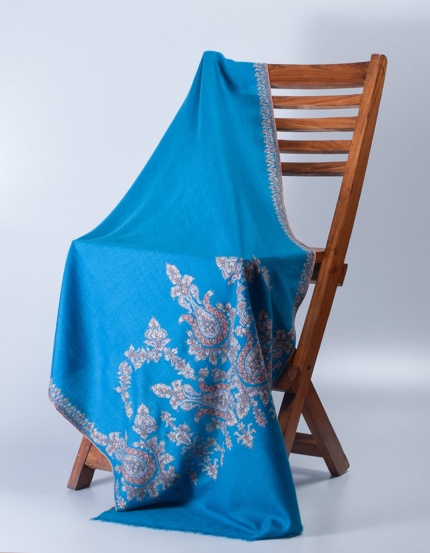 Deep Sky Handwoven Sozni Palla Embroidered Cashmere Pashmina Stole