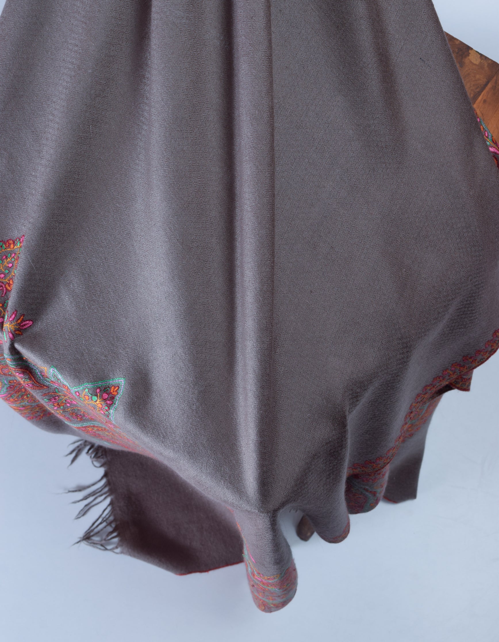 Davy Grey  Handwoven Sozni Palla Embroidered Cashmere Pashmina Stole