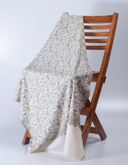 Natural Off-White Handwoven Sozni Jaali Embroidered Cashmere Pashmina Stole