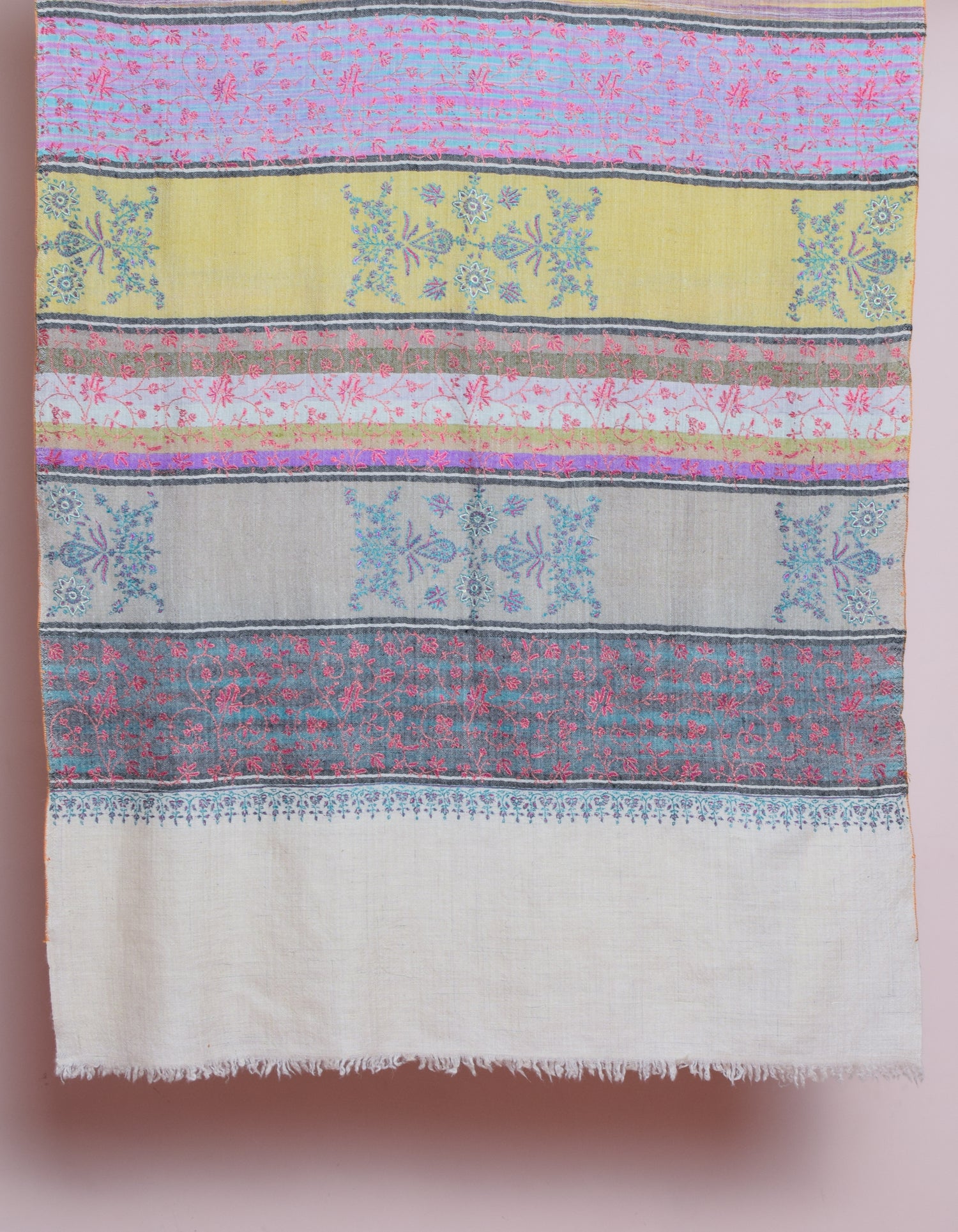 Modern Multicolour Stripes Handwoven Floral Sozni Embroidered Cashmere Pashmina Stole