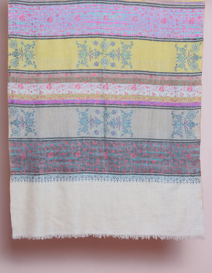 Modern Multicolour Stripes Handwoven Floral Sozni Embroidered Cashmere Pashmina Stole