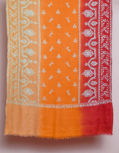 Ombre Orange-Red Handwoven Sozni Embroidered Cashmere Pashmina Stole