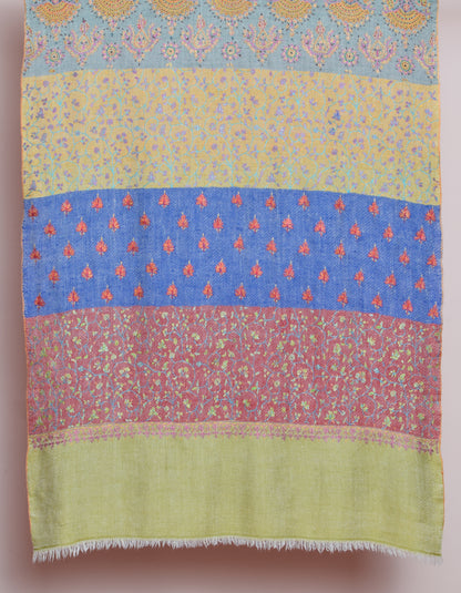 Modern Stripes Handwoven Multicolour Sozni Embroidered Cashmere Pashmina Stole