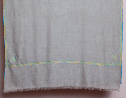 Natural Pastel Grey Handwoven Border Sozni Embroidered Cashmere Pashmina Shawl