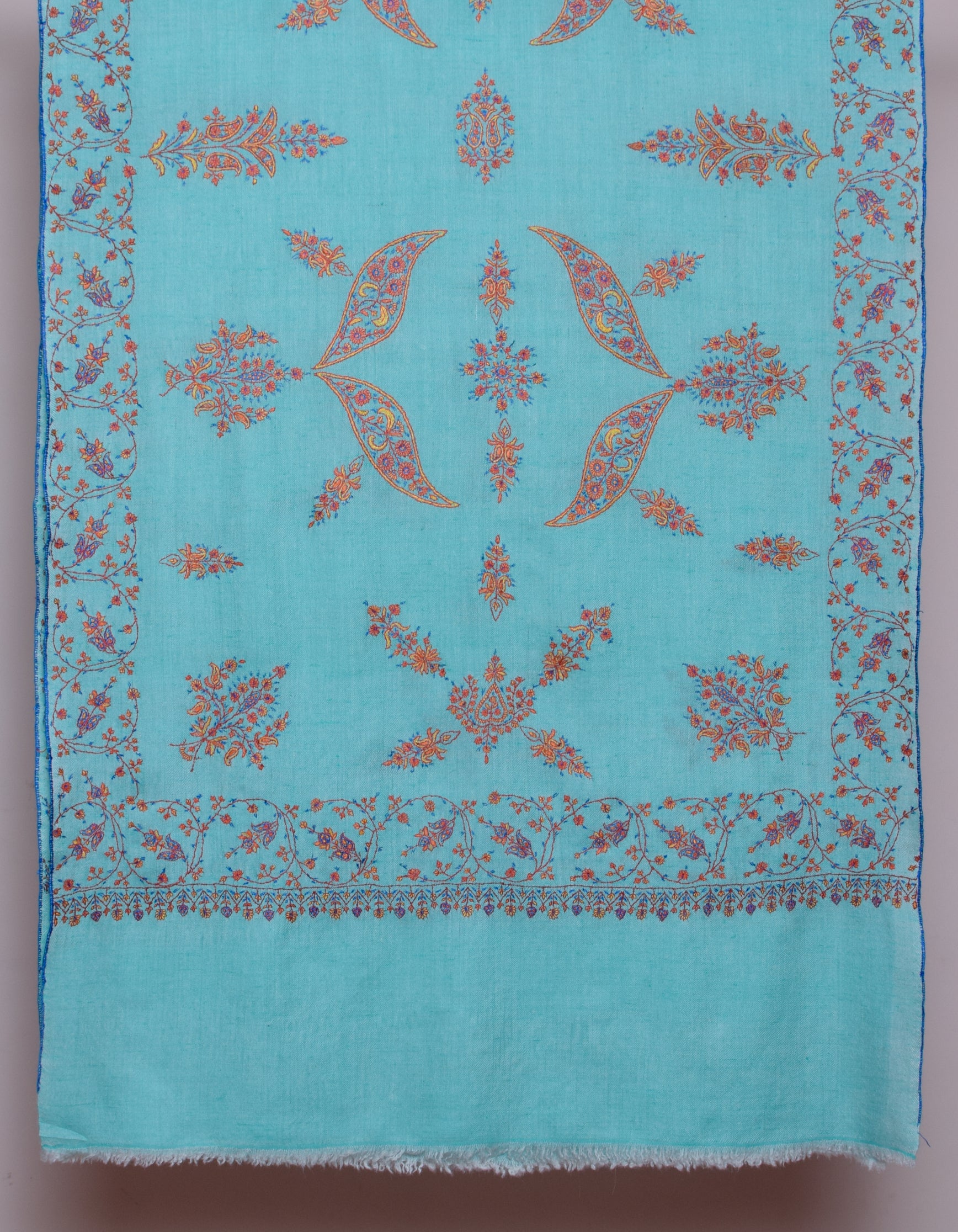 Seafoam Green Handwoven Sozni Floral Embroidered Cashmere Pashmina Stole