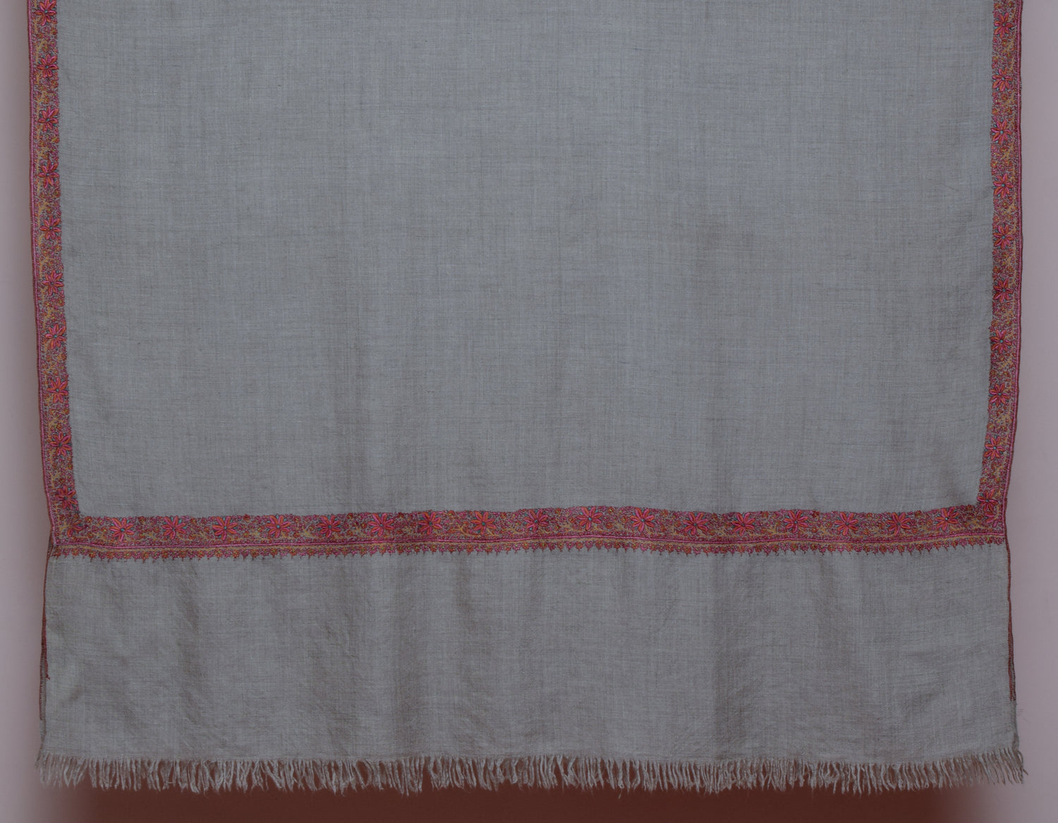 Grey-Brown Handmade Sozni Certified Border Embroidered Cashmere Pashmina Shawl