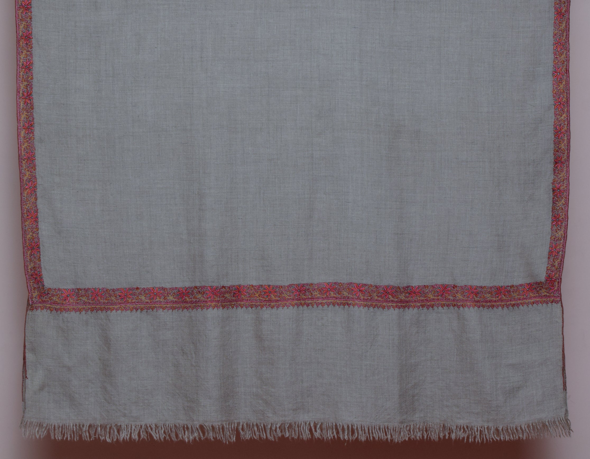 Grey-Brown Handmade Sozni Certified Border Embroidered Cashmere Pashmina Shawl