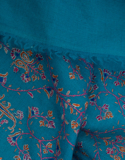 Deep Sky Blue Handwoven Sozni Jaali Embroidered Cashmere Pashmina Stole