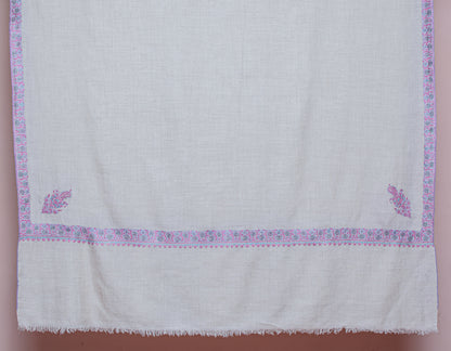 Natural Cream Handwoven Floral Border Sozni Embroidered Cashmere Pashmina Shawl