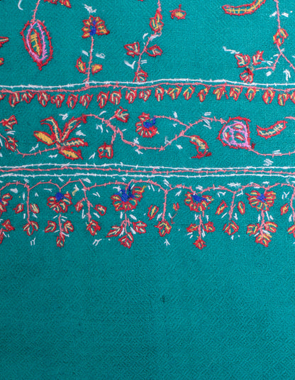 Teal Green Handwoven Sozni Jaali Embroidered Cashmere Pashmina Stole