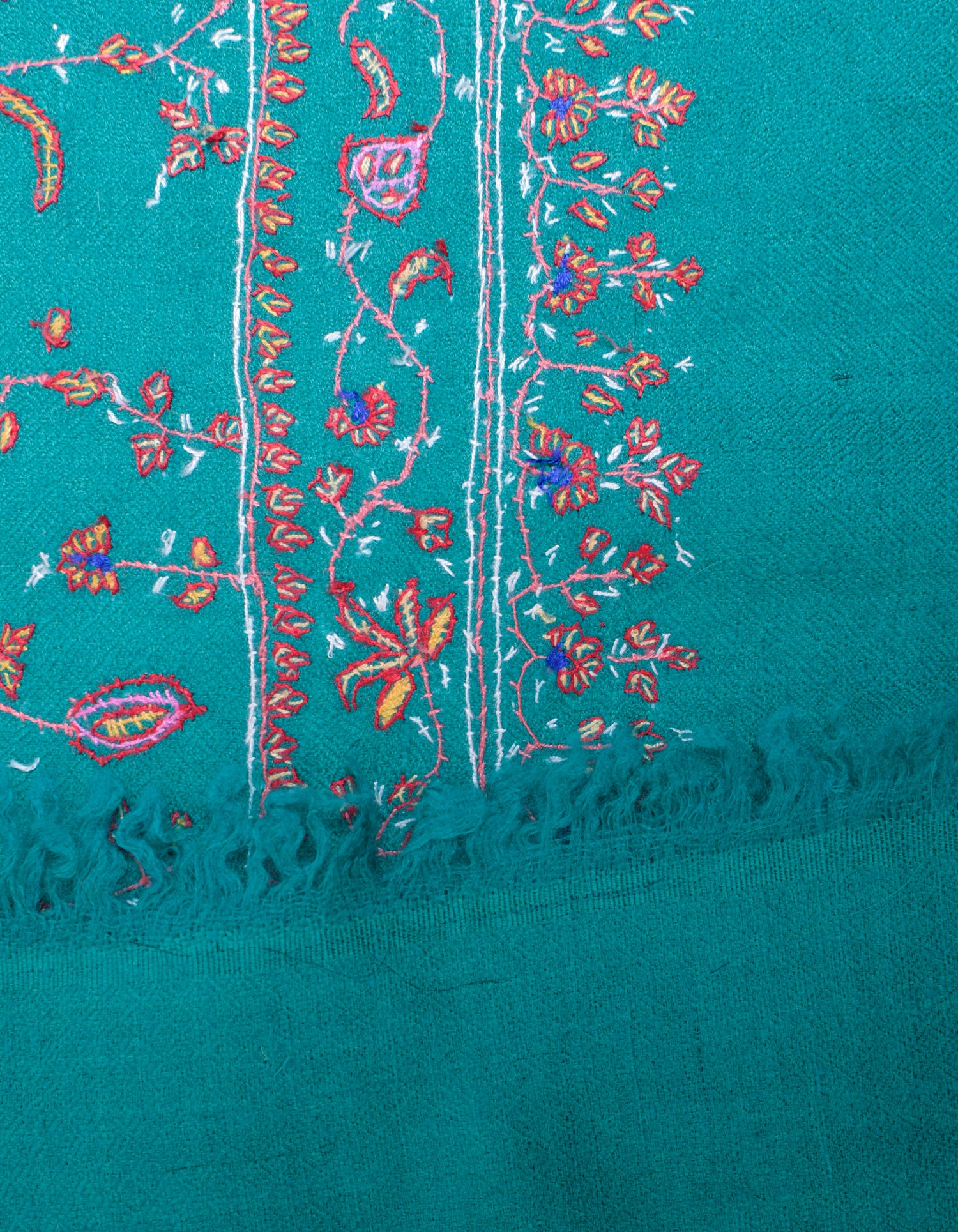 Teal Green Handwoven Sozni Jaali Embroidered Cashmere Pashmina Stole