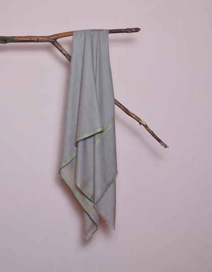 Natural Pastel Grey Handwoven Border Sozni Embroidered Cashmere Pashmina Shawl