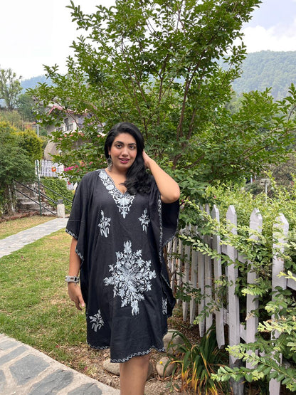 Ash Aari Embroidery on Black Cotton Short Summer Kaftan