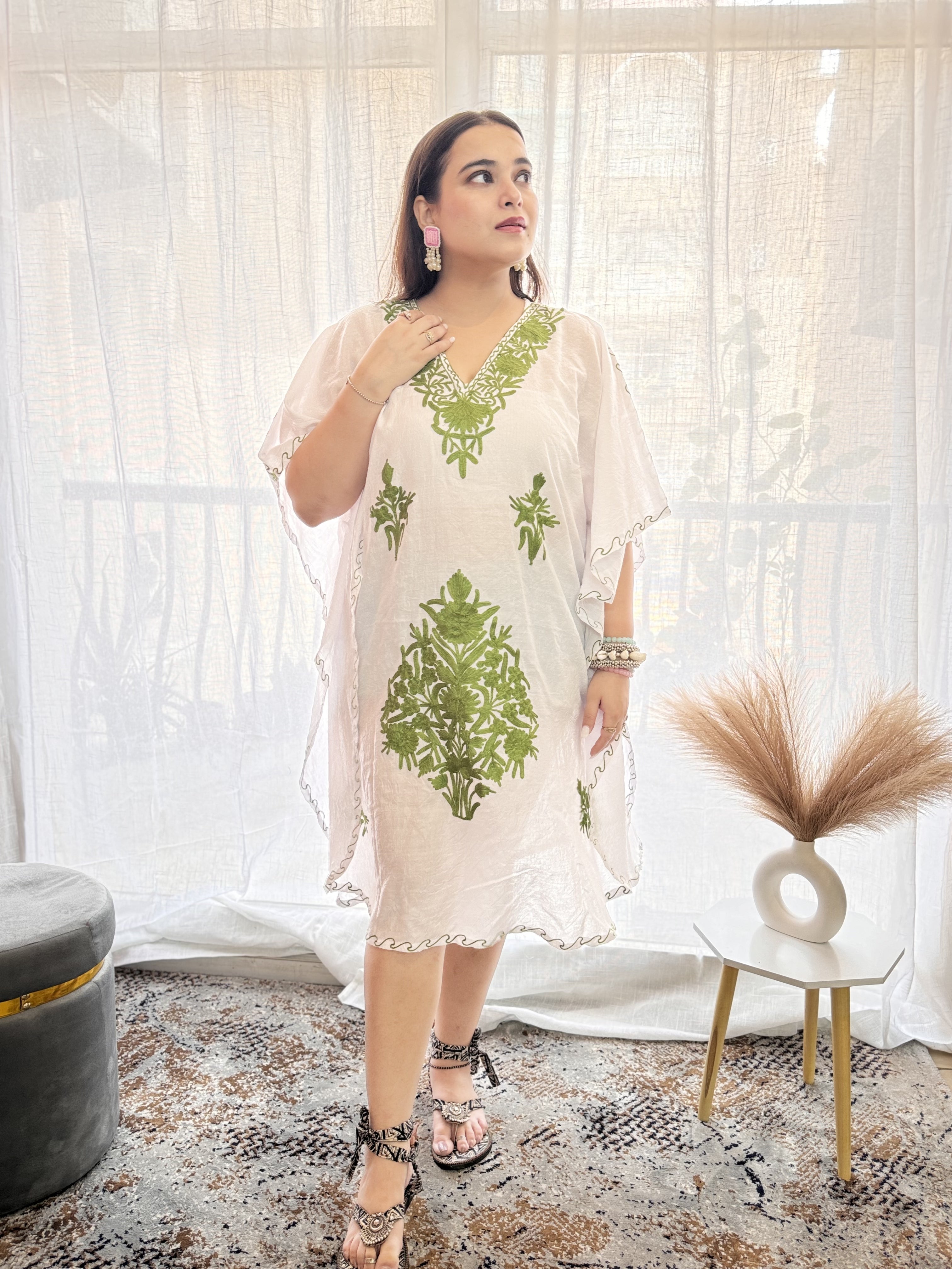 Moss Aari Off-White Cotton Short Summer Kaftan