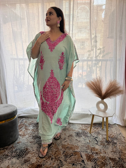 Mint Summer Cotton Kaftan with Candy Pink Aari Embroidery