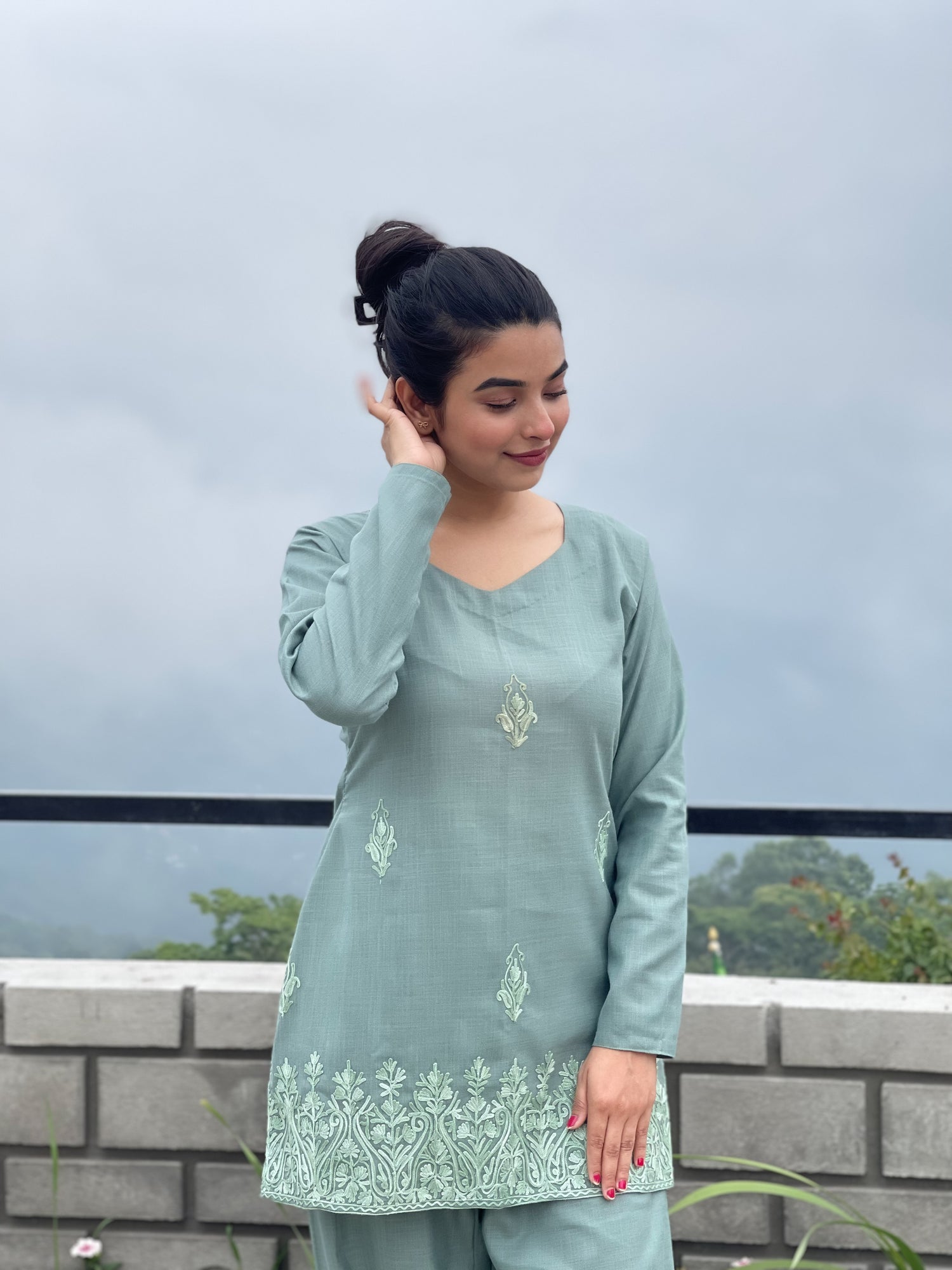 Coin Grey Cotton Aari Embroidered Co-ord Set