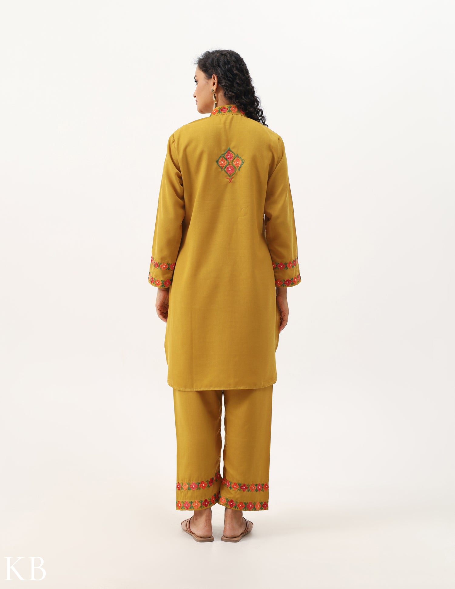 Mustard Yellow Cotton Embroidered Co-ord Set - Kashmir Box