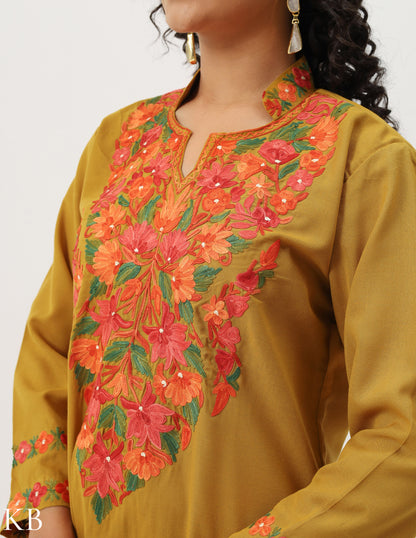 Mustard Yellow Cotton Embroidered Co-ord Set - Kashmir Box